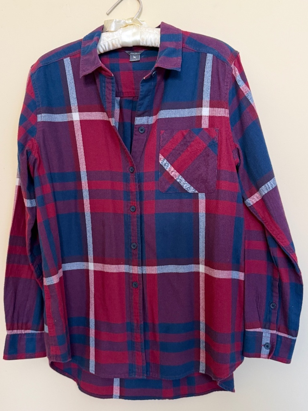 Eddie Bauer 100% Cotton, Navy & Burgundy Plaid